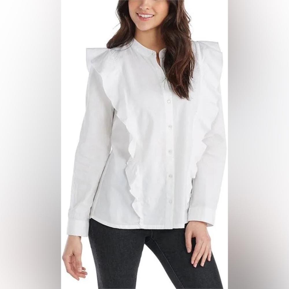 Mud Pie White Ruffle Button Up Blouse Size Small‎ NWT